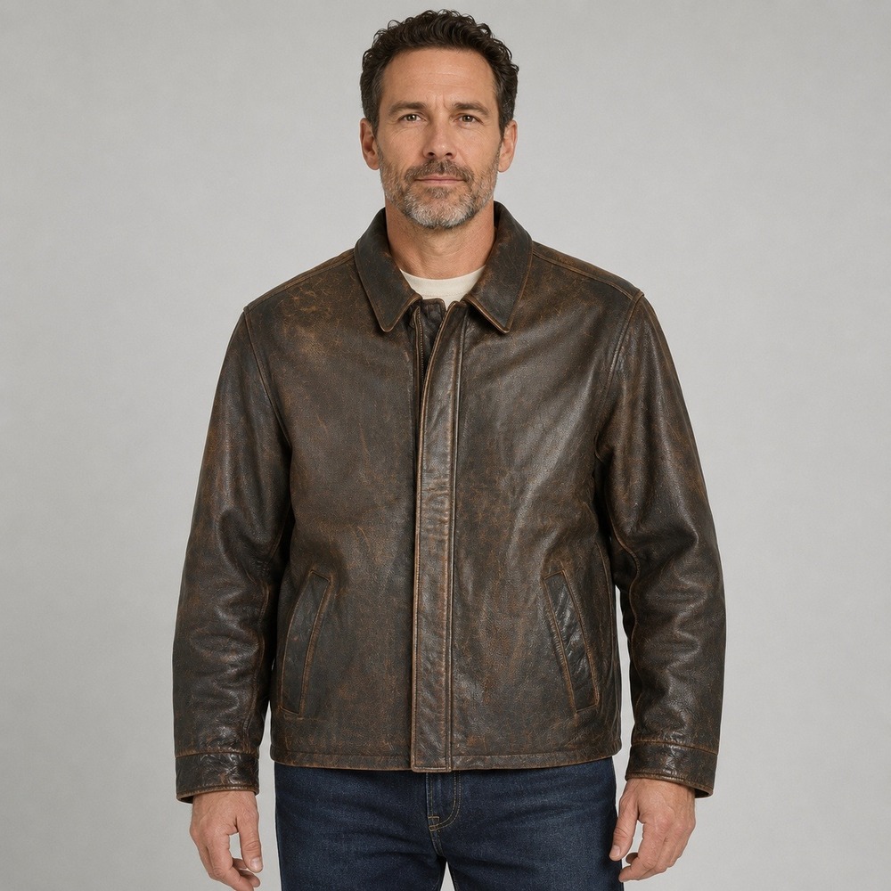 Eddie Bauer Mens XL Brown Genuine Leather Jacket Distressed Zip Snap Coat